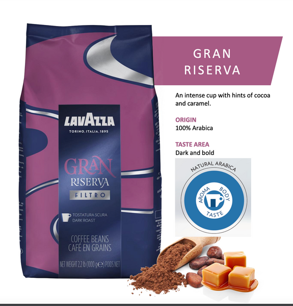 Lavazza Gran Riserva Filtro - Café en grano entero, tostado oscuro, bolsa  de 2.2 libras y mezcla de café integral súper crema, tostado expreso medio